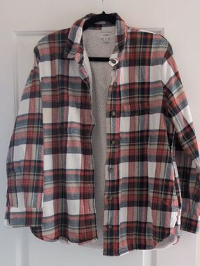 J. Crew Cream Sherpa Lined Jacket with Plaid Trim